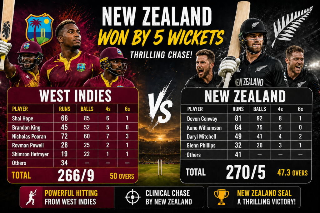 west indies cricket team vs new zealand national cricket team match scorecard live now