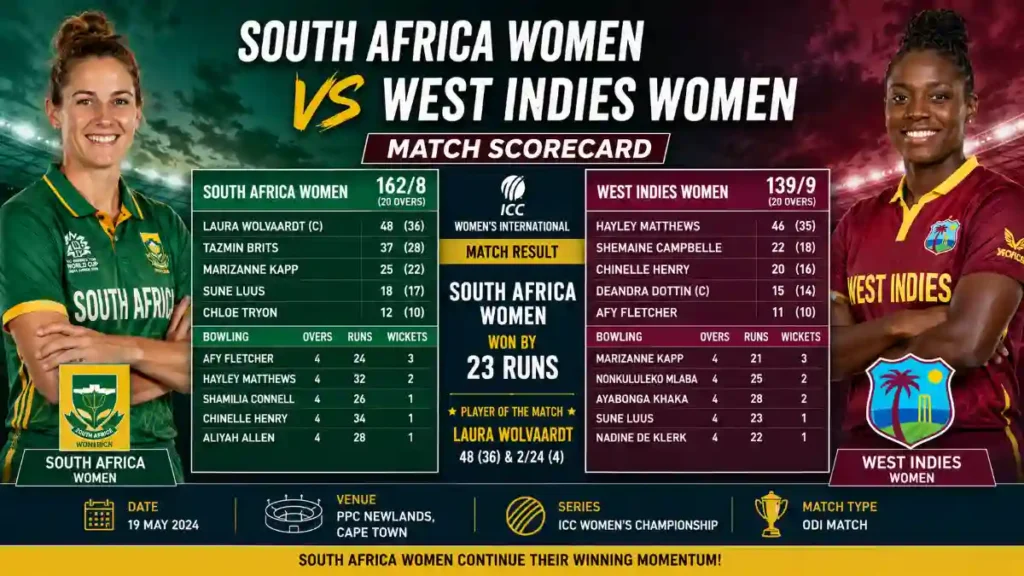 South Africa Women’s National Cricket Team vs West Indies Women Match Scorecard 3rd T20I 2025